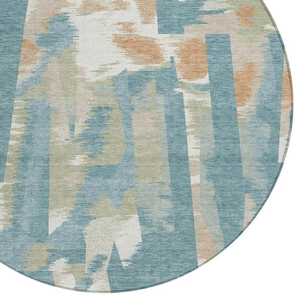 8 Ft Round Abstract Teal Beige Washable Polyester Rug for Indoor Outdoor Spaces