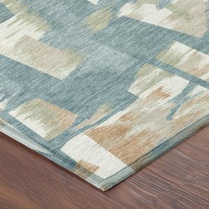 8 Ft Round Abstract Teal Beige Washable Polyester Rug for Indoor Outdoor Spaces