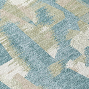 8 Ft Round Abstract Teal Beige Washable Polyester Rug for Indoor Outdoor Spaces