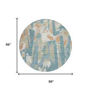 8 Ft Round Abstract Teal Beige Washable Polyester Rug for Indoor Outdoor Spaces