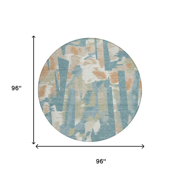 8 Ft Round Abstract Teal Beige Washable Polyester Rug for Indoor Outdoor Spaces