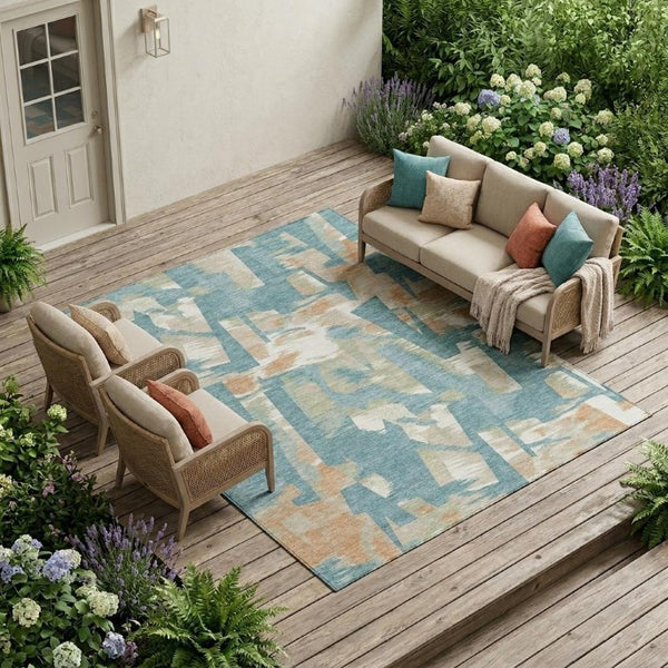 8 X 10 Teal Beige Abstract Polyester Area Rug Washable for Patio or Living Room