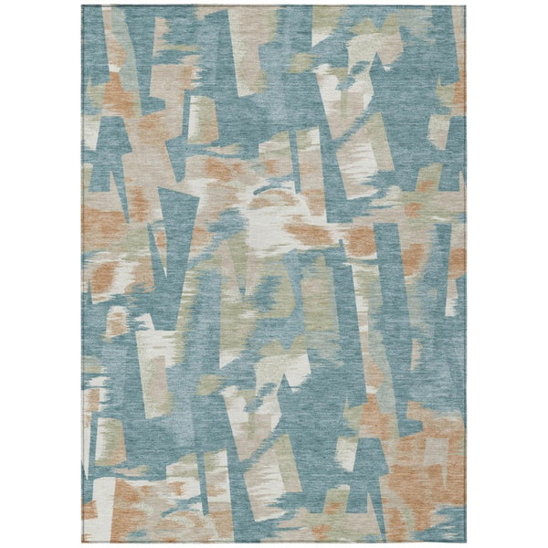 HomeRoots 8 X 10 Teal Beige Abstract Polyester Area Rug Washable for Patio or Living Room 743435