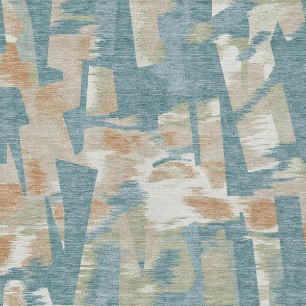 8 X 10 Teal Beige Abstract Polyester Area Rug Washable for Patio or Living Room