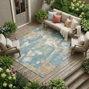 9 X 12 Teal Beige Abstract Polyester Area Rug Washable for Patio Porch or Living Room