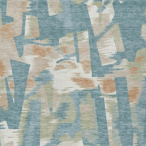 9 X 12 Teal Beige Abstract Polyester Area Rug Washable for Patio Porch or Living Room