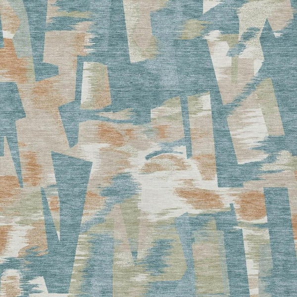 9 X 12 Teal Beige Abstract Polyester Area Rug Washable for Patio Porch or Living Room