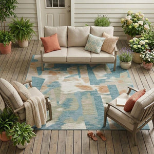 10 X 14 Abstract Teal Beige Polyester Area Rug Washable Stain Resistant Indoor Outdoor