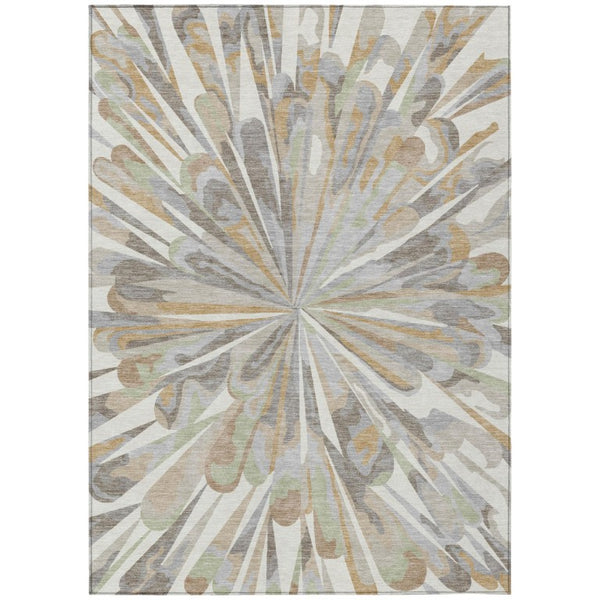 HomeRoots 5x8 Ivory Silver Abstract Polyester Area Rug Washable Stain Resistant Indoor Outdoor 743451