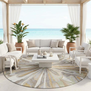 8 Foot Round Abstract Polyester Area Rug Washable Indoor Outdoor Ivory Silver