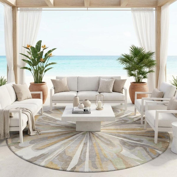 8 Foot Round Abstract Polyester Area Rug Washable Indoor Outdoor Ivory Silver
