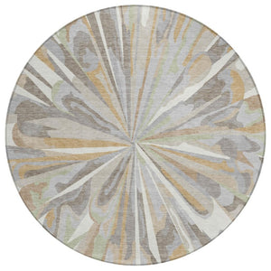 HomeRoots 8 Foot Round Abstract Polyester Area Rug Washable Indoor Outdoor Ivory Silver 743452