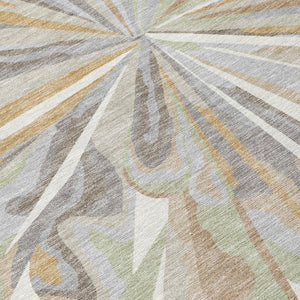 8 Foot Round Abstract Polyester Area Rug Washable Indoor Outdoor Ivory Silver