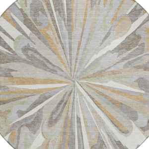 8 Foot Round Abstract Polyester Area Rug Washable Indoor Outdoor Ivory Silver