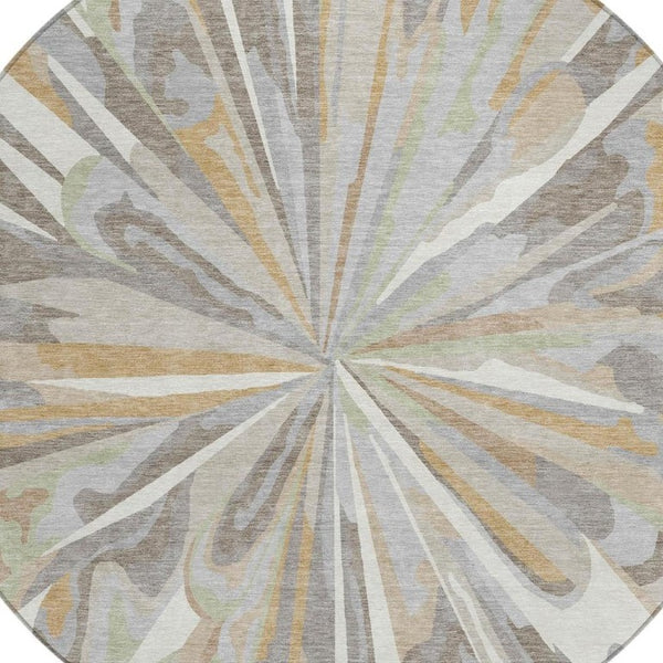 8 Foot Round Abstract Polyester Area Rug Washable Indoor Outdoor Ivory Silver