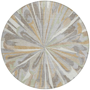 8 Foot Round Abstract Polyester Area Rug Washable Indoor Outdoor Ivory Silver