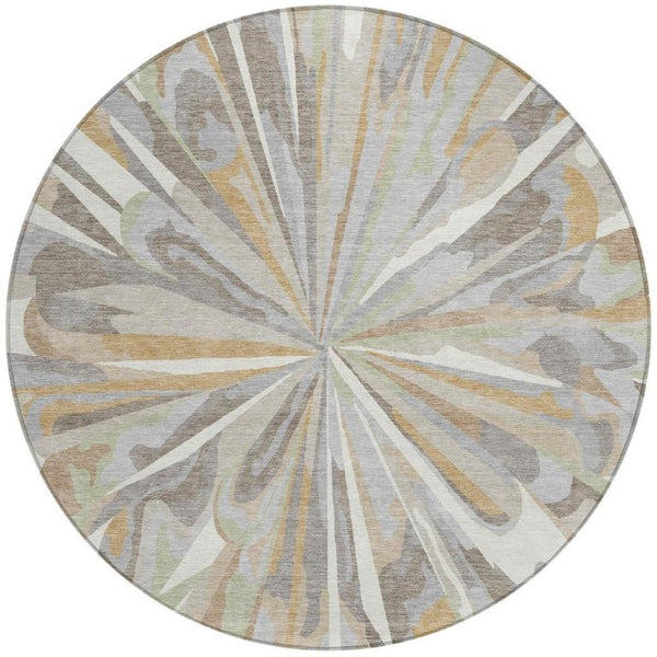 8 Foot Round Abstract Polyester Area Rug Washable Indoor Outdoor Ivory Silver