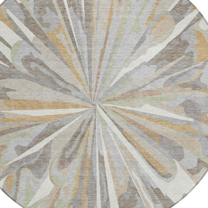8 Foot Round Abstract Polyester Area Rug Washable Indoor Outdoor Ivory Silver