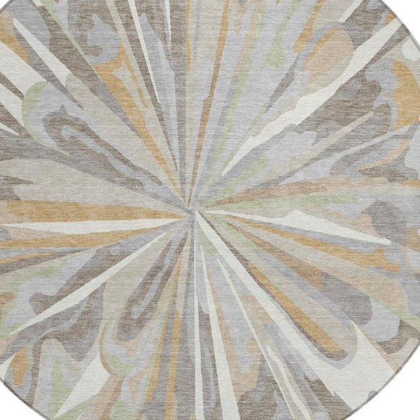 8 Foot Round Abstract Polyester Area Rug Washable Indoor Outdoor Ivory Silver
