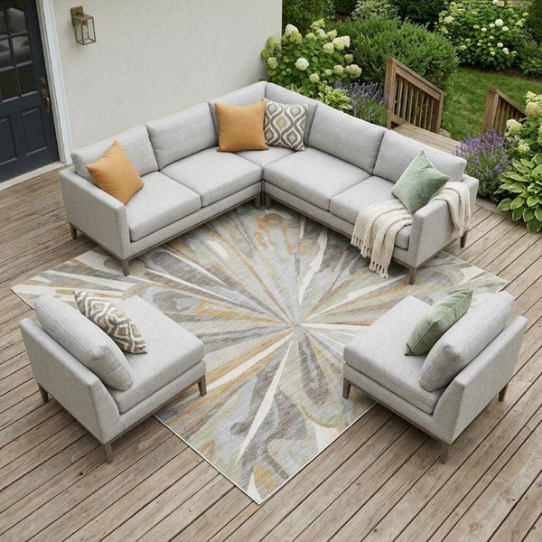 9 X 12 Ivory Silver Abstract Polyester Area Rug Washable for Indoor Outdoor Use