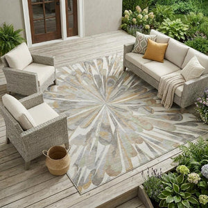 10 X 14 Ivory Silver Abstract Polyester Area Rug Stain Resistant Indoor Outdoor