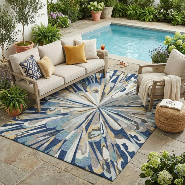 5 X 8 Abstract Navy Washable Polyester Area Rug for Indoor Outdoor Living
