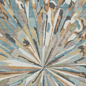 5 X 8 Teal Beige Abstract Polyester Area Rug Washable Stain Resistant Indoor Outdoor