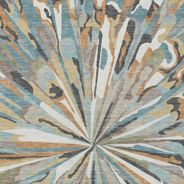 5 X 8 Teal Beige Abstract Polyester Area Rug Washable Stain Resistant Indoor Outdoor