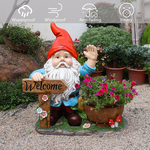 English Elm Outdoor Gnome Statue with Integrated Planter Bowl Whimsical Garden Focal Point W5398P455470