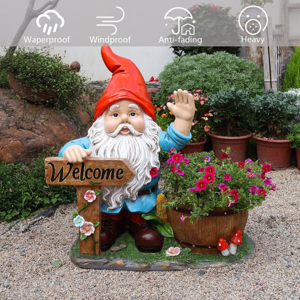 English Elm Outdoor Gnome Statue with Integrated Planter Bowl Whimsical Garden Focal Point W5398P455470