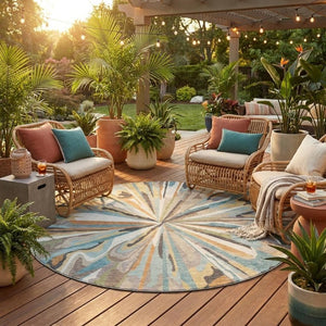 8 Ft Round Abstract Teal Polyester Area Rug Stain Resistant for Patio or Playroom