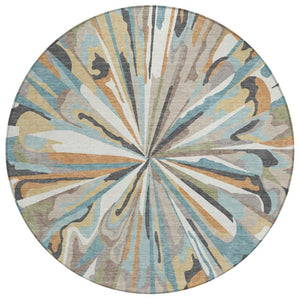 HomeRoots 8 Ft Round Abstract Teal Polyester Area Rug Stain Resistant for Patio or Playroom 743470