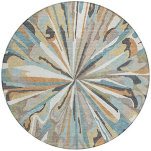 8 Ft Round Abstract Teal Polyester Area Rug Stain Resistant for Patio or Playroom