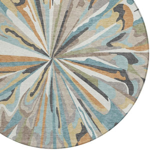 8 Ft Round Abstract Teal Polyester Area Rug Stain Resistant for Patio or Playroom