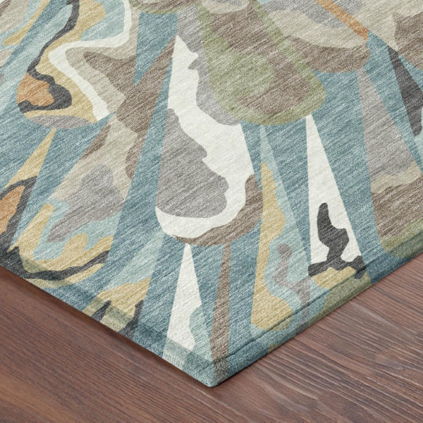 8 Ft Round Abstract Teal Polyester Area Rug Stain Resistant for Patio or Playroom