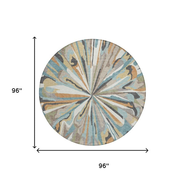 8 Ft Round Abstract Teal Polyester Area Rug Stain Resistant for Patio or Playroom