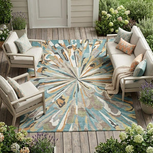 8 X 10 Teal Beige Abstract Polyester Washable Rug for Patio Porch or Living Room