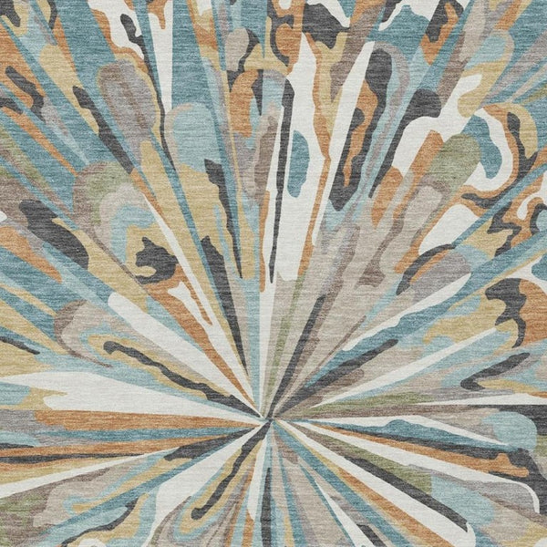 8 X 10 Teal Beige Abstract Polyester Washable Rug for Patio Porch or Living Room