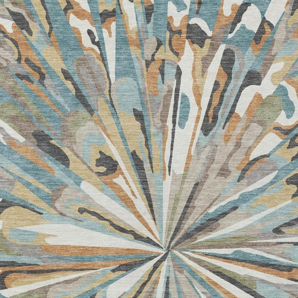 8 X 10 Teal Beige Abstract Polyester Washable Rug for Patio Porch or Living Room