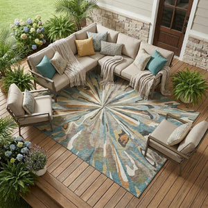 10 X 14 Abstract Teal Beige Polyester Washable Rug for Patio Porch or Living Room