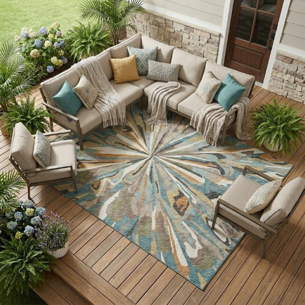 10 X 14 Abstract Teal Beige Polyester Washable Rug for Patio Porch or Living Room