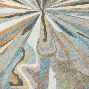10 X 14 Abstract Teal Beige Polyester Washable Rug for Patio Porch or Living Room