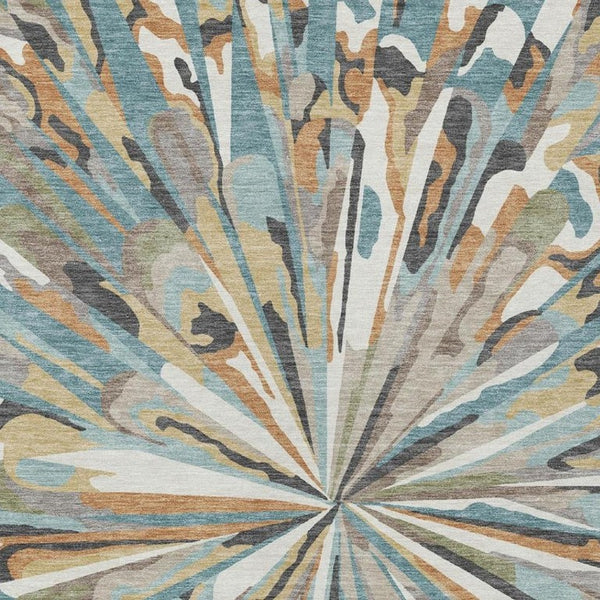 10 X 14 Abstract Teal Beige Polyester Washable Rug for Patio Porch or Living Room