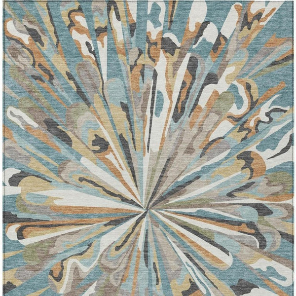 10 X 14 Abstract Teal Beige Polyester Washable Rug for Patio Porch or Living Room