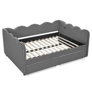 English Elm Full Size Gingham Linen Daybed with Wave Backrest Trundle and Usb Charging Port Black W1413S00154