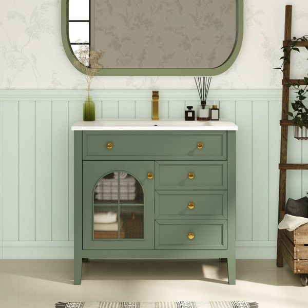 English Elm 35.6" Freestanding Bathroom Vanity with Roman Column Base and Ceramic Integrated Sink Green W1801S00010