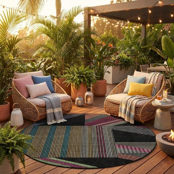 8 Foot Round Geometric Polyester Area Rug for Patio Porch or High Traffic Indoor Spaces