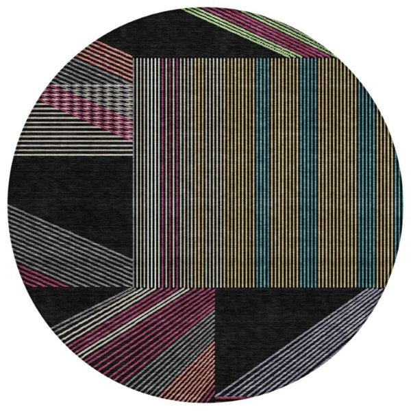 HomeRoots 8 Foot Round Geometric Polyester Area Rug for Patio Porch or High Traffic Indoor Spaces 743512
