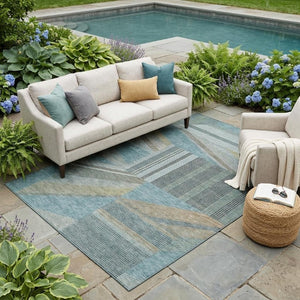5 X 8 Teal Graphite Geometric Polyester Area Rug Washable for Indoor Outdoor Use
