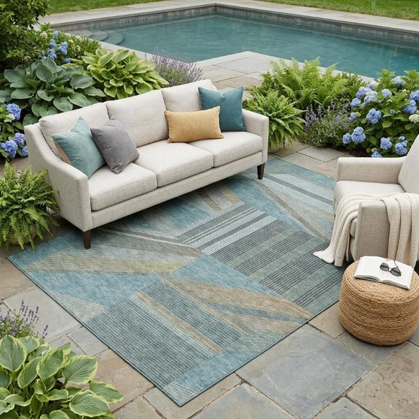 5 X 8 Teal Graphite Geometric Polyester Area Rug Washable for Indoor Outdoor Use